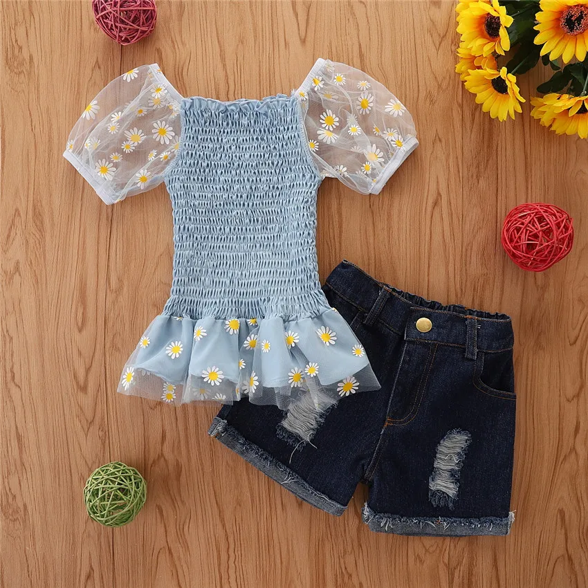 

Baby Girls Summer Clothes Suit Fashion Floral Daisy Puff Sleeve Ruched T Shirt+Denim Shorts 2pcs Toddler Kids Clothing Outfits 6