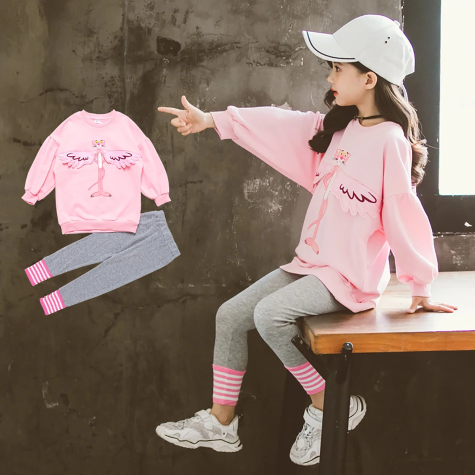 

Осенне-зимние костюмы для девочек, рубашка с длинным рукавом + штаны, осенний свитер + топы, комплекты одежды из 2 предметов, детские спортивн...