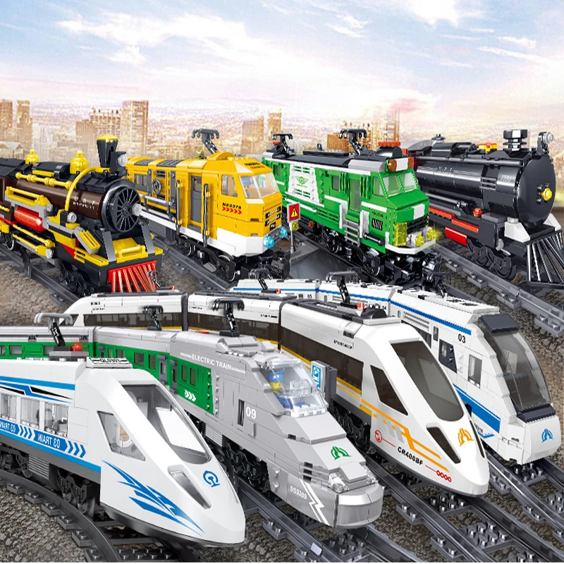 

City train set steam bullet vehicle cargo railway station model building blocks brick tracks rail no motor kits carriage