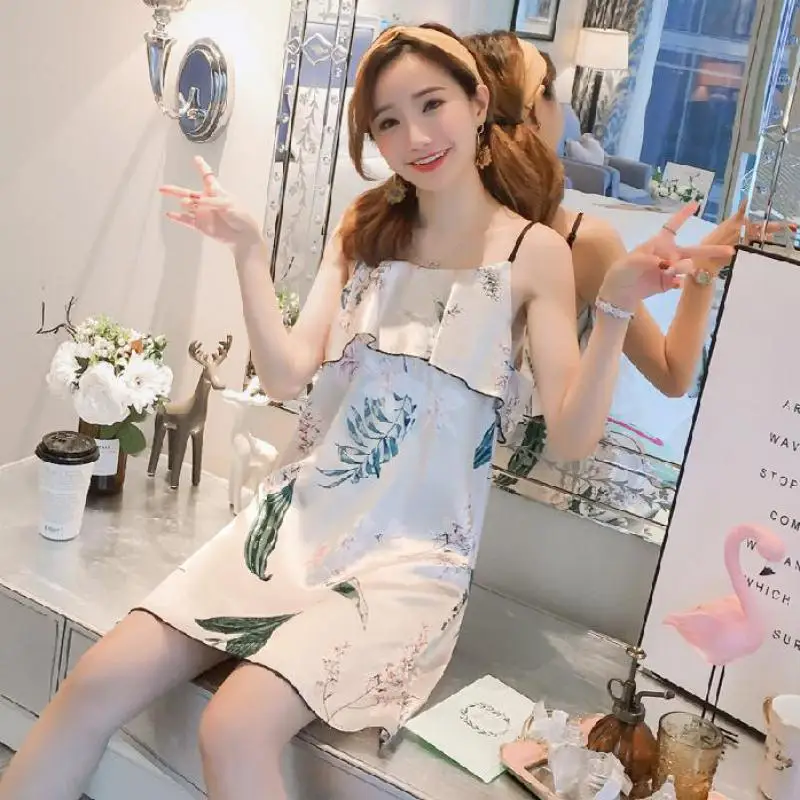 

Sexy Spaghetti Strap Nightgown Summer Ruffle Women Nightdress Sleepwear Suspender Mini Sleepshirt Loose Thin Faux Silk Home Wear