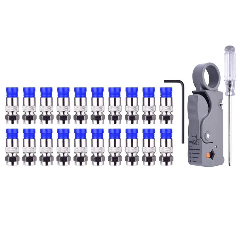 

Compression Tool Kit Rg59 Rg6 Coax Crimping Tool Double Blades Coaxial Cable Stripper with 20Pcs Blue F Connectors