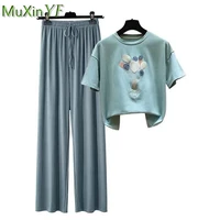 summer womens leisure 2 pieces clothing set girls student casual loose wide leg pants t shirt suit lady fashion embroidery tops