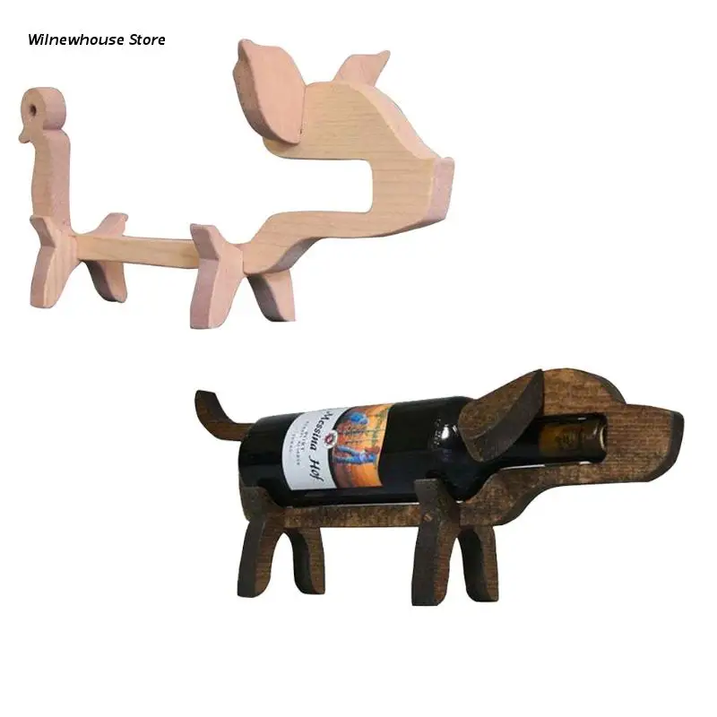 

F62A Wooden Wine Bottle Holder Cute Dog Pig Shape Wine Rack Display Storage Organizer for Kitchen Bar Home Decoration