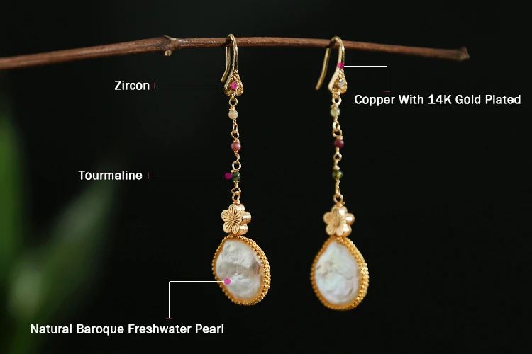 

Natural Baroque White Pearl Long Drop Earrings Vintage Tourmaline For Women Girl Wedding Engagement Gift Fashion Jelellery