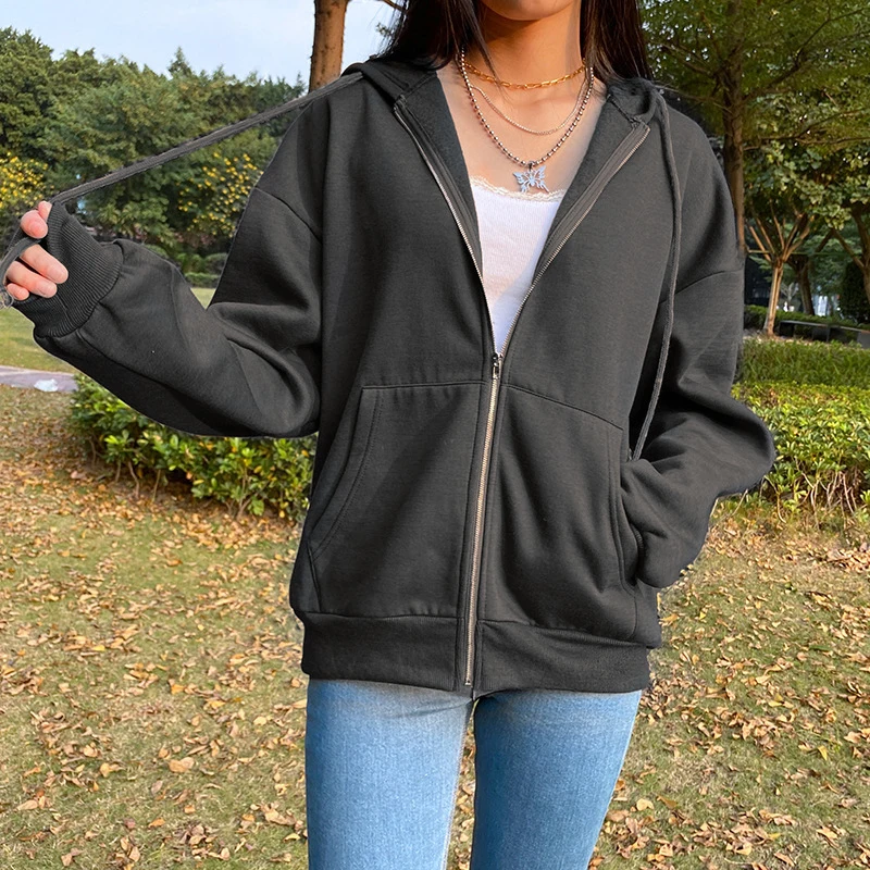 Pure Color Women's Zipper Hooded Sweatshirt Jacket Jacket Super Dalian Hood Pullover Sweatshirt Plus Size Solid Color Sweatshirt
