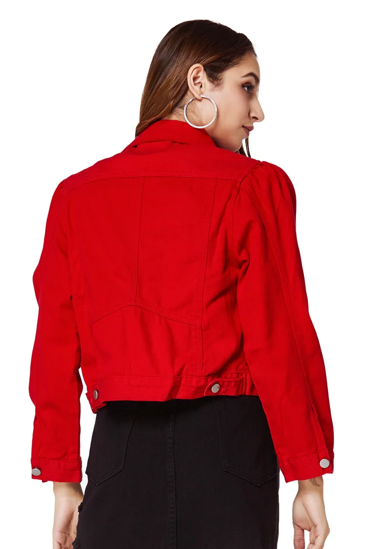 

Denim Jacket Women 2020 Autumn New Fashion Female Long Sleeve Single Breasted Red Solid Loose Outerwear Denim Coats Jacket