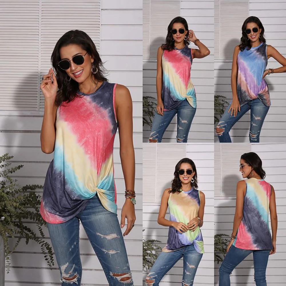 

Fashion Tie-dye Tank Top Women Knotted Vest Summer Sleeveless Colorful Tee Shirts Tie Dye Tanks Casual Streetwear Harajuku Tops