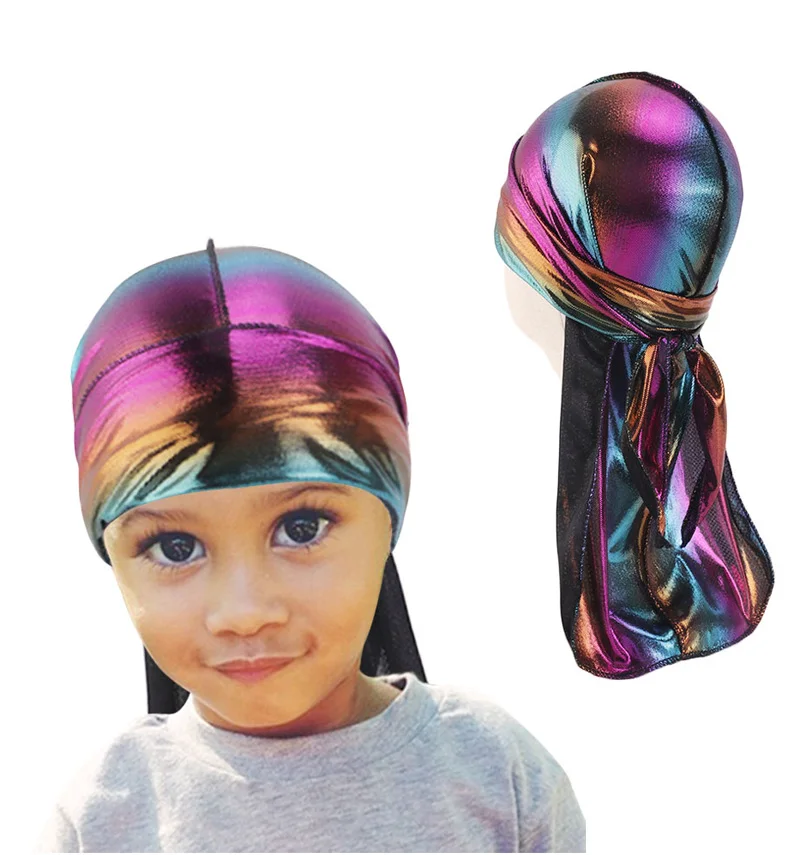 

Kids Colorful Sparkly Durags Turban Bandanas baby Shiny Silky Durag Headwear Headband Hair Cover Accessories Wave Caps Rags Hat