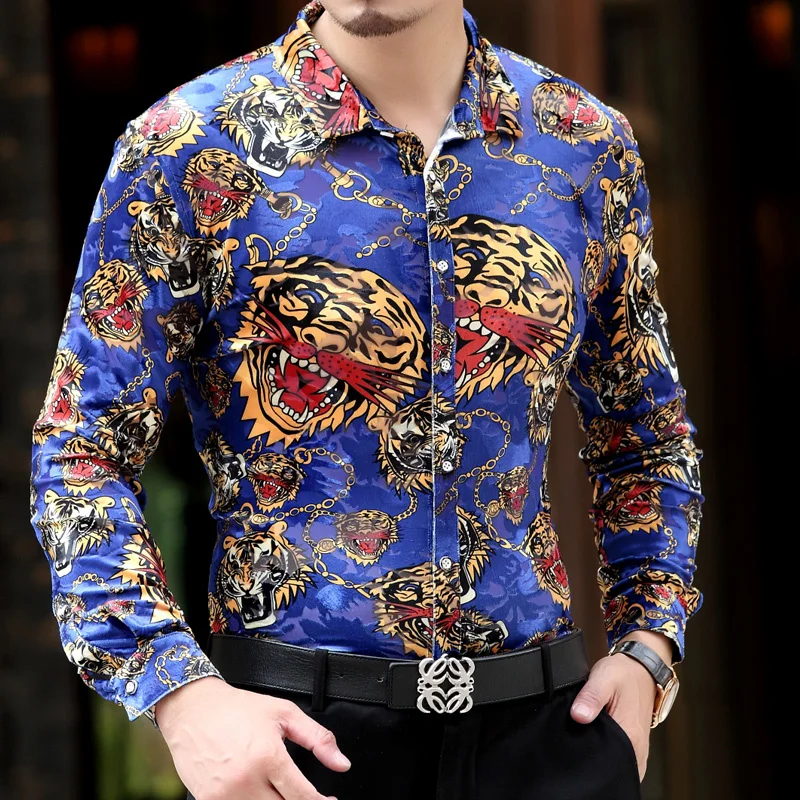 

Brand Top High Quality New Arrive Personalized Cool Mens Silk Long Sleeved Shirts Leopard Tiger Printed Shirts Size 3XL