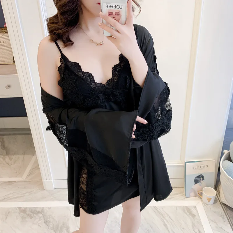 

Lace Hollow Out Women Robe Set Satin With Chest Pad Spaghetti Strap Cardigan Set Sleepwear