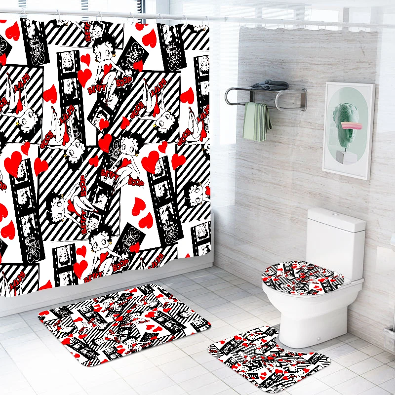 

3D Resolution Betty Boop Printing Waterproof Bathroom Set with Free Hooks Cartoon Polyester Shower Curtain with Bath Mat Set