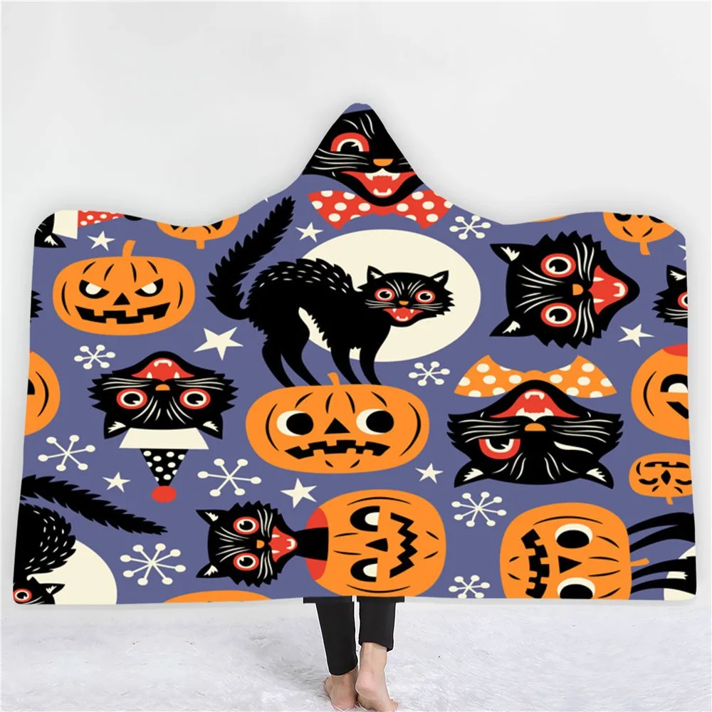 

Pumpkin Cats Hooded Blanket Halloween Fleece Blanket Purple Background Throw Blanket 3D Print For Kids Adults Wearable Blanket