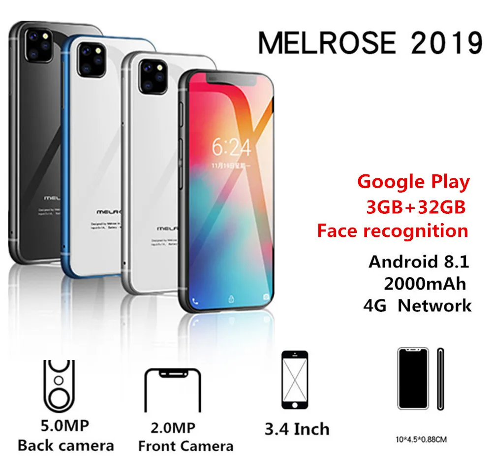 New Melrose 2019 4G LTE Smartphone 3.4Inch Super Mini Telefone 3GB+32GB Android 8.1 Face ID WIFI Hotspot Small Mobile Cell phone