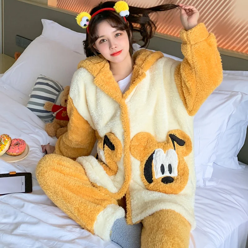 Plush Women Sleepwear Winter Pajamas Hooded Loose Version Pajama Set Inspissate Nightgown High Quality Packed Thicken женский
