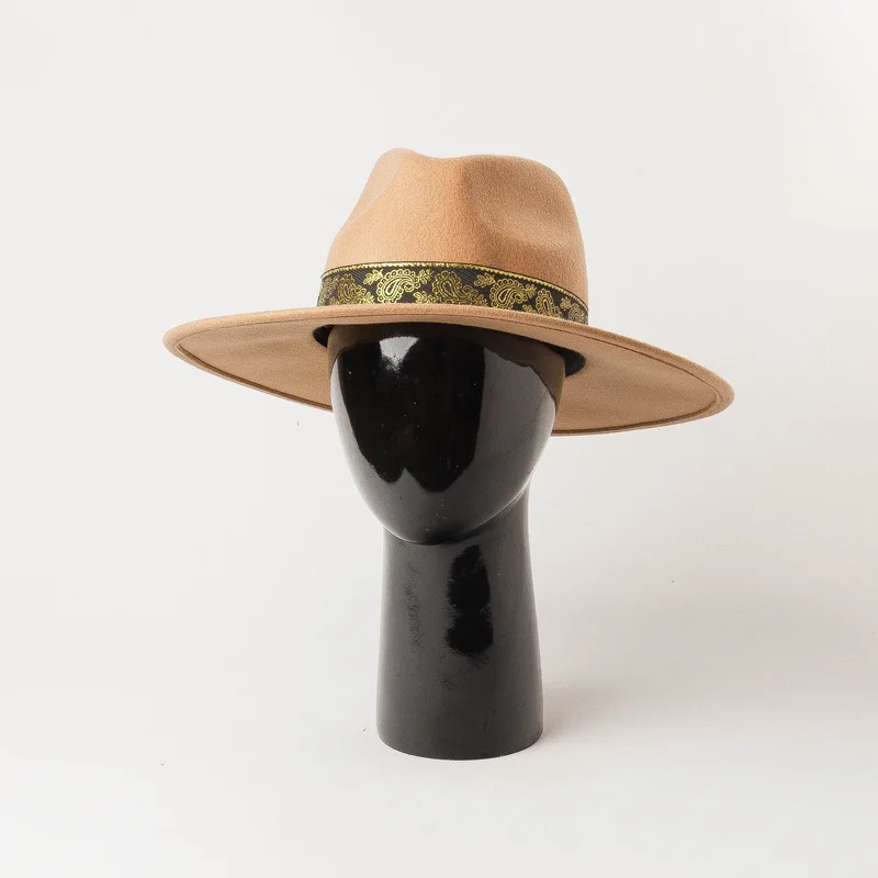 Autumn Winter Fashion wool Embroidery decorative ribbon Wide Jazz Shopping Tourist Style Felt Fedoras Hats for Women Men