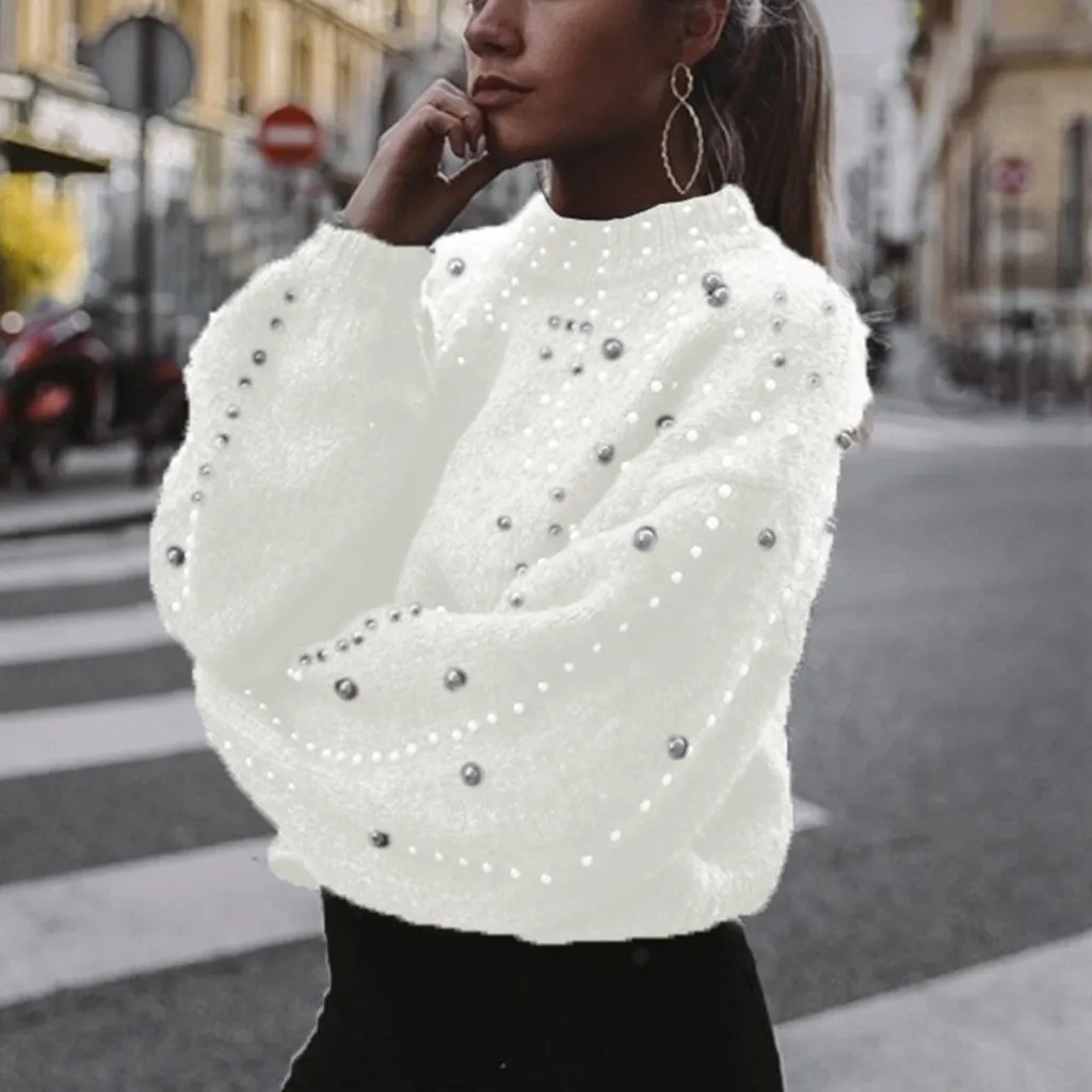 Women's Casual Sweater Thick Needle Long Sleeve O-neck Pullover Autumn Winter Loose Pearl Sweaters Femme Clothes | Женская одежда