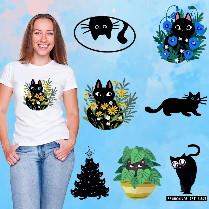 Черные кошки и цветы теплопередача ПВХ патч термонаклейки патчи для одежды