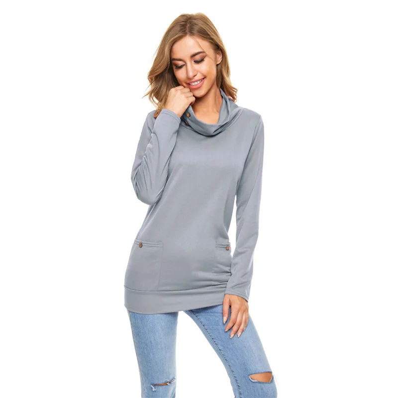 

2021 Fall/Winter T-shirt Top High Neck Women's Blouses Tops Long Sleeve Bottoming Pullover Pocket Button Women T-shirt Casual