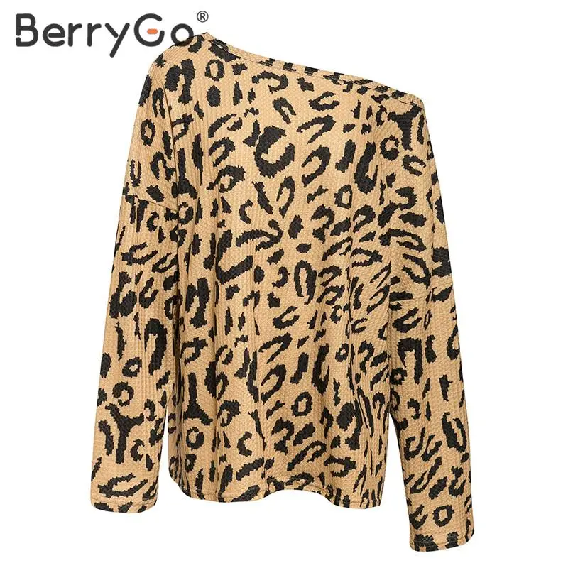

BerryGo Casual leopard print blouse shirt women Elegant knitted soft ladies blouses Long sleeve slash neck female tops shirts
