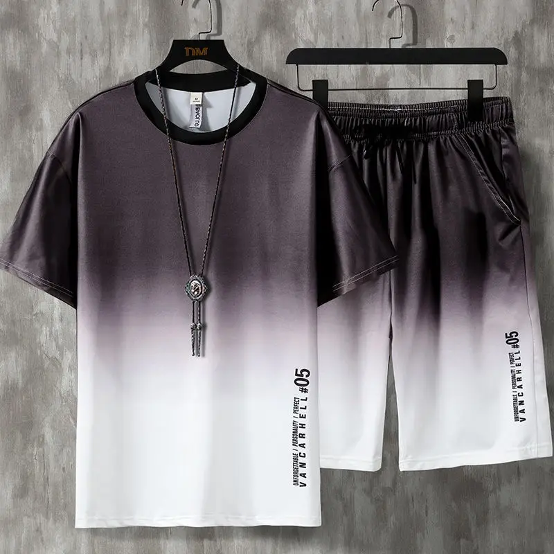 

Ice silk suit [high quality] summer gradient leisure sports two piece suit large men's suit / short sleeve