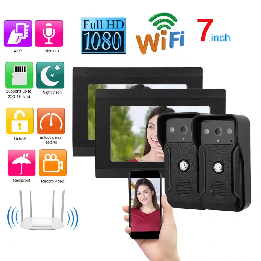 Видеодомофон проводной Wi Fi 2 камеры и мониторы 1080P 100 240 В|Дверной звонок| |