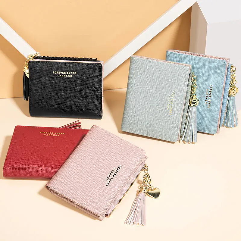 

2021 Women's Short PU Wallet Coin Purse Women Card Bag Holder Trend Small Student Tassel Pendant Wallet for Ladies Wallets
