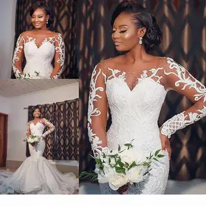 Sheer Neck Illusion Long Sleeve Mermaid Wedding Dresses Lace Applique Outdoor African Trumpet Bride Wedding vestido de noiva