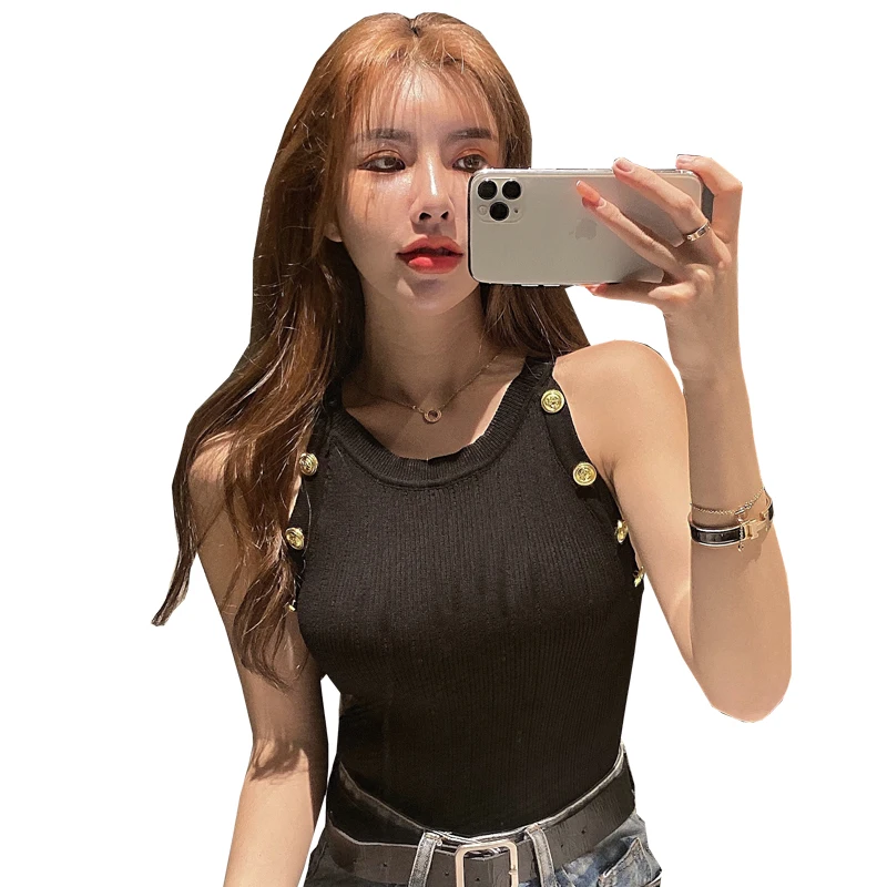 

Summer Women's Knitting O-neck Off-shoulder Tank Tops Female Bodycon Knitted Buttons Camisole Sleeveless Tee shirts Women