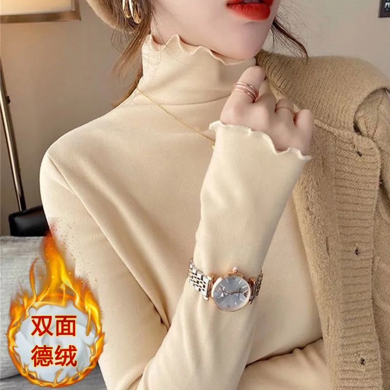 

Autumn Turtleneck Double Sided Velvet warmth Long Sleeve Large Size Thermal Top Spring Wear T-shirt Women