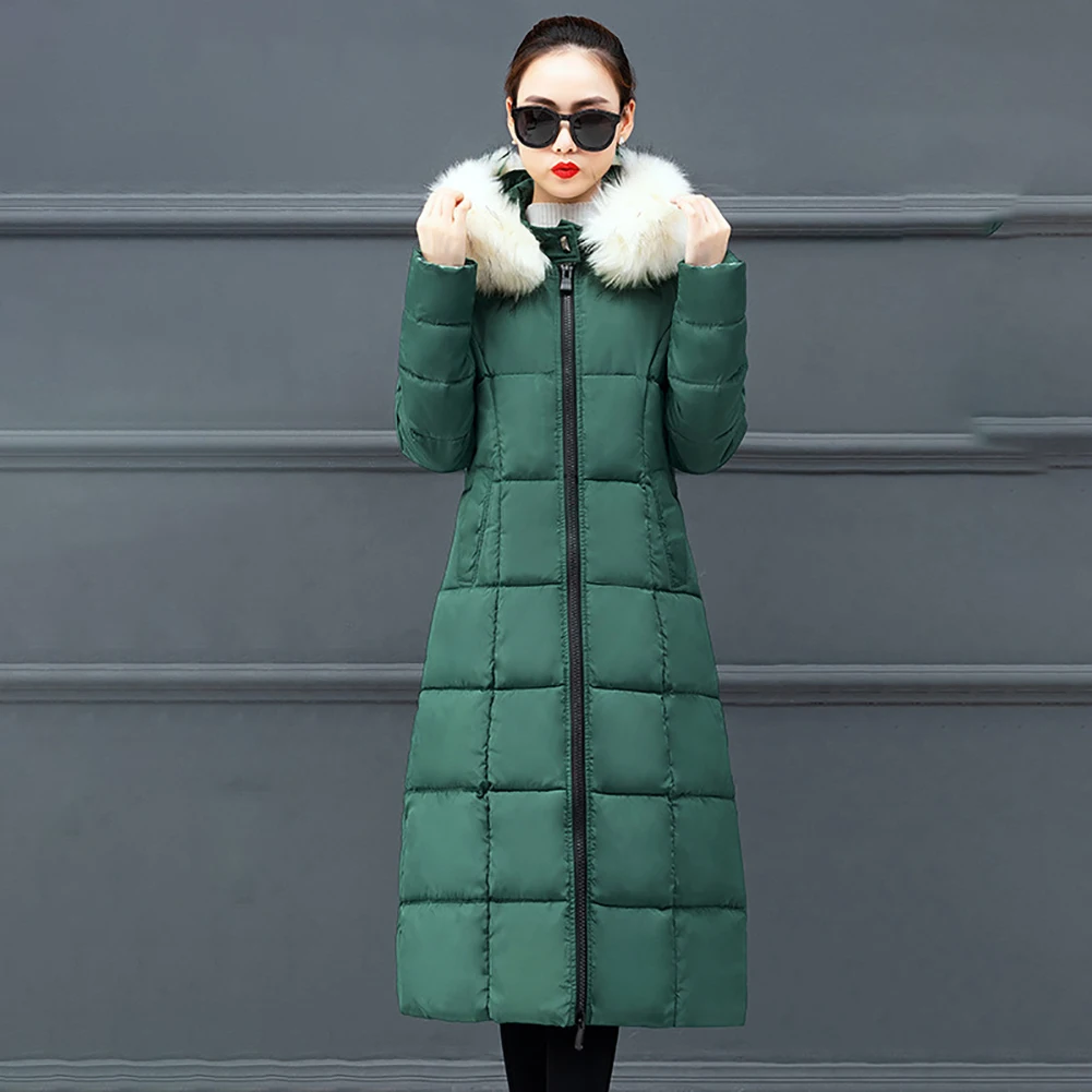 With Pockets Solid Long Sleeve Slim Fit Women Down Coat Zipper Warm Casual Windproof Thickening Daily Winter Faux Fur Hooded |