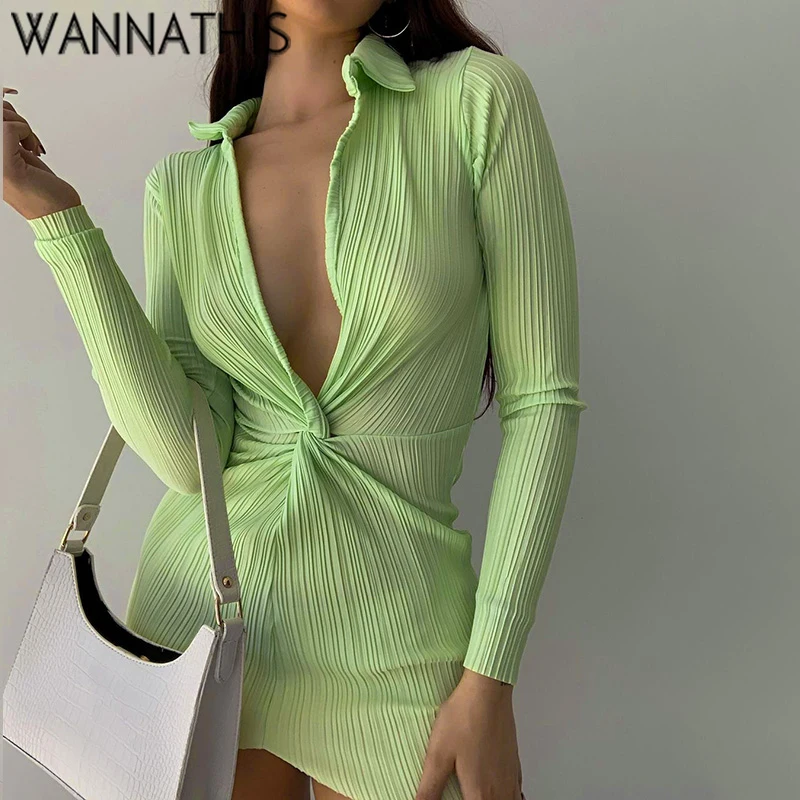 

WannaThis Summer Long Sleeve Dress For Women CottonTurn-Down Neck Twist Green Mini Sexy Office wear Dresses For Girl Casual 2021