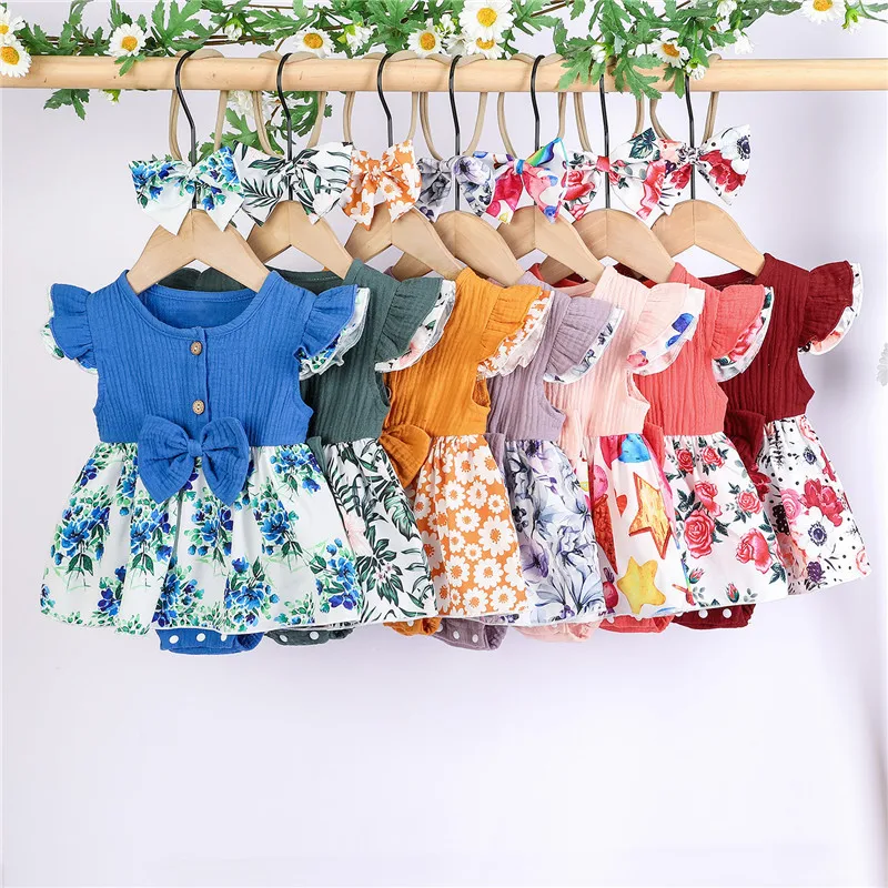 

7 Colors Lovely Baby Girls Summer Clothes Toddler Kids Casual Ruffles Bowknot Floral Cotton Linen Romer Jumpsuits Dress Headband