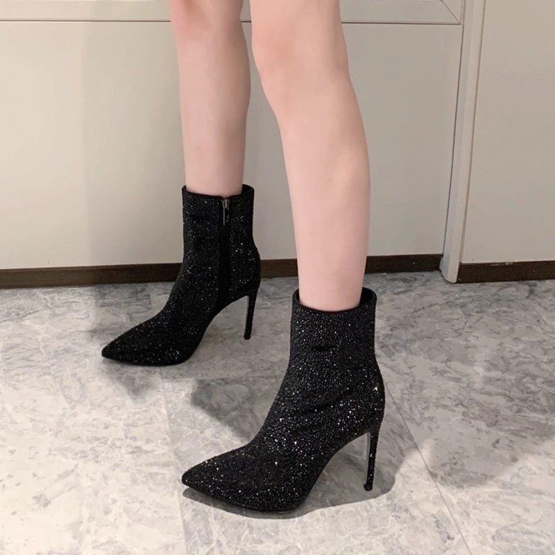 

DOYUTIG Luxury Women's Real Sheepskin Leather High Heel Boots Shiny Crystal Lady Middle Boots Classical Women Boots Shoes AB001