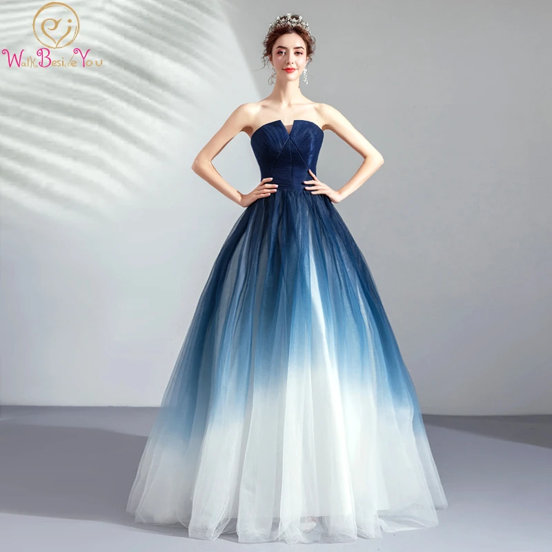 

100% Real Pic Navy Blue White Prom Dresses Strapless Gradient color Tulle Pleats A Line Long Graduation Gowns Party Formal Stock