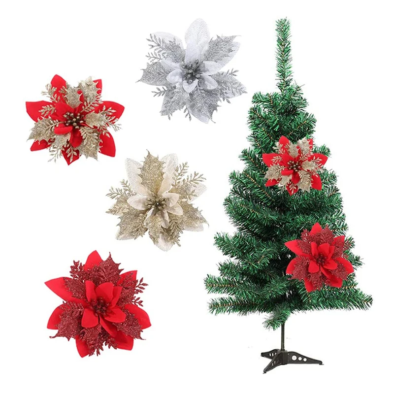 

5pcs Glitter Fake Flower Christmas Artificial Flower Xmas Tree Hanging Ornament DIY Made Wreaths Wedding Christmas Decor