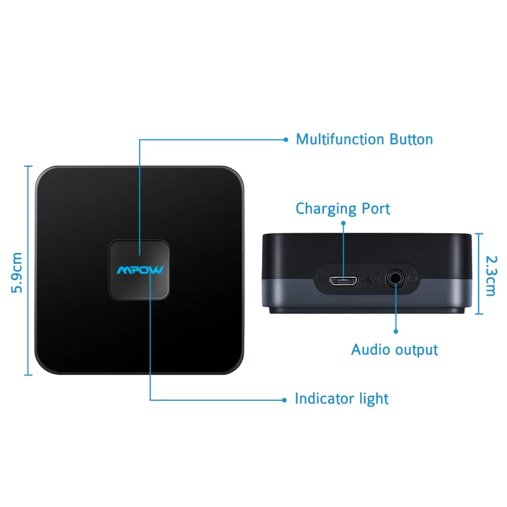 Mpow Bluetooth приемник беспроводной аудио адаптер Подключение 2 Bluetooth устройства для 15 ч долгое время работы авто 3,5 мм аудио кабель