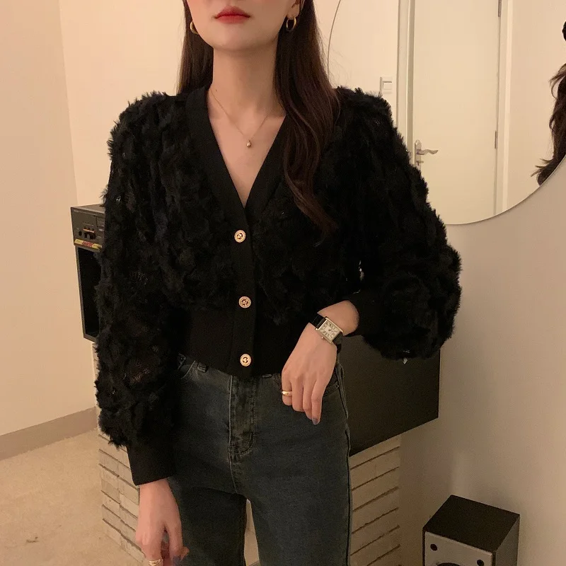 

Alien Kitty 2021 Spring Women French Temperament Blouse Long Sleeve Lace Tops Lady Casual Single breasted short Top Minimalist