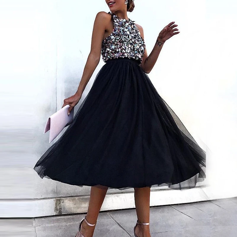 

New Arrival Women Halter Sequin Dress Sleeveless Large Swing Dress Spring Summer Beach Party Holiday