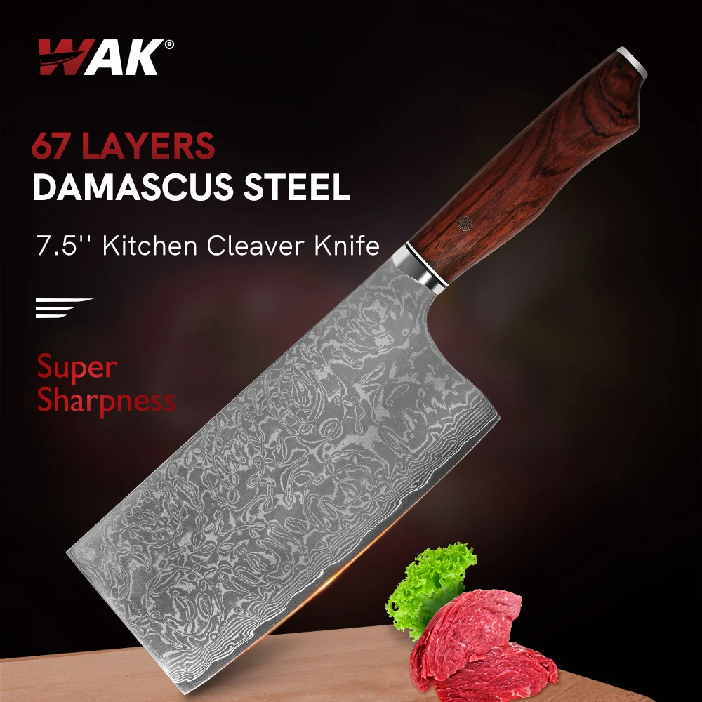 WAK Meat Cleaver kitchen Knife Non Slip Wood Handle Slicing Sharp Blade Vegetable Meat Fish Knives 4Cr14 Damascus Kitchen Knife
