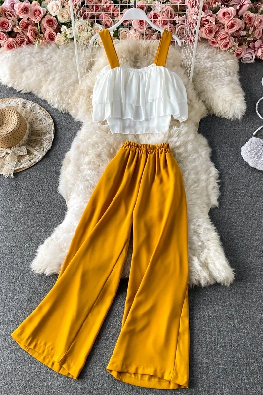 

Seaside holiday women clothes set short Ruffle suspender vest two piece set with High Waist Wide Leg Pants trousers 2021