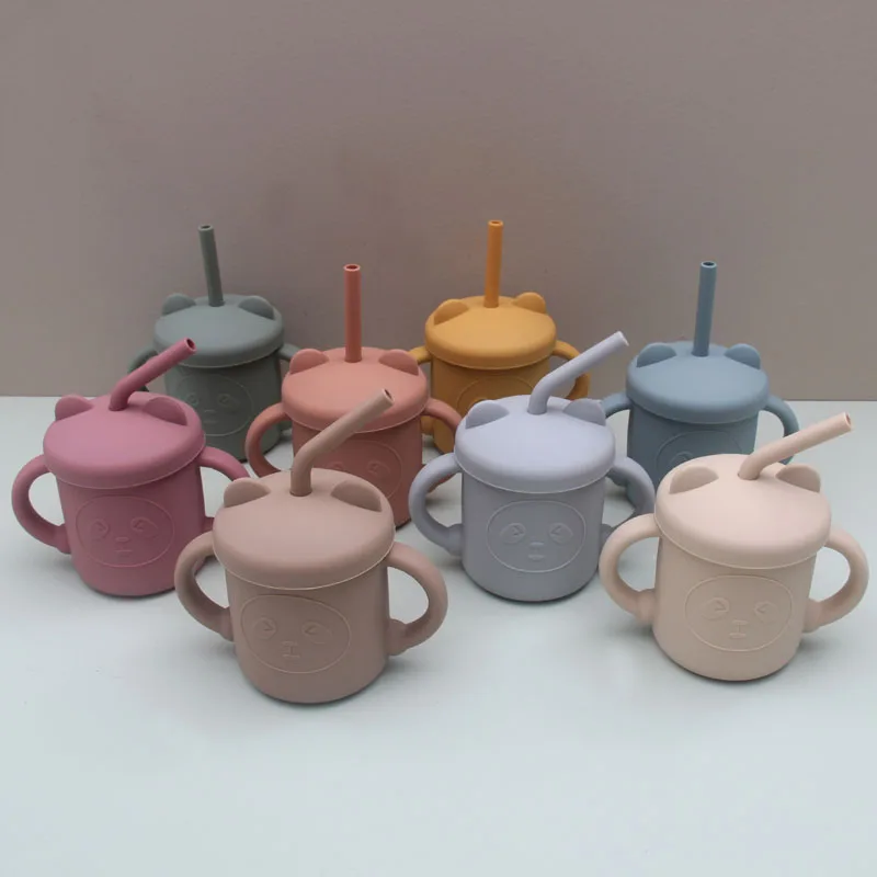 Fuente de alimentaci&oacute;n de beb&eacute; de oso de dibujos animados, vasos de paja para Aprendizaje de beb&eacute;, vasos de alimentaci&oacute;n, vajilla de silicona sin BPA, Bot de agua para ni&ntilde;os peque&ntilde;os-2