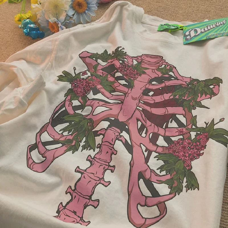 

Autumn cotton flower skull skeleton print Harajuku long-sleeved sweater loose T-shirt top O-neck hoodie vintage clothes size bar