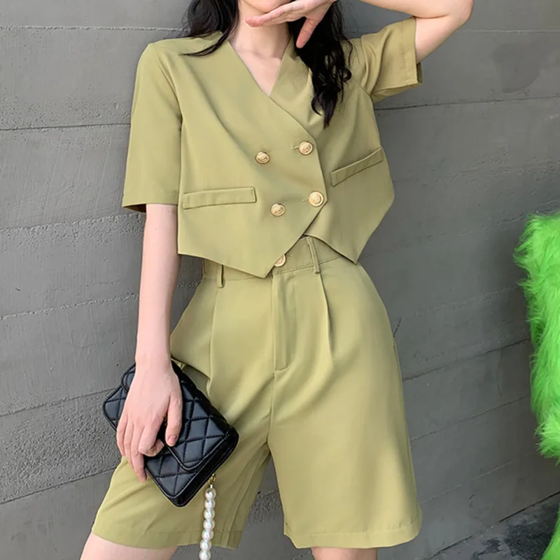 

2021 Summer Vintage Crop Top Thin Double Breasted Blazer Jacket + High Waist Wide Leg Shorts Fashion 2 Piece Sets Womens Outfits