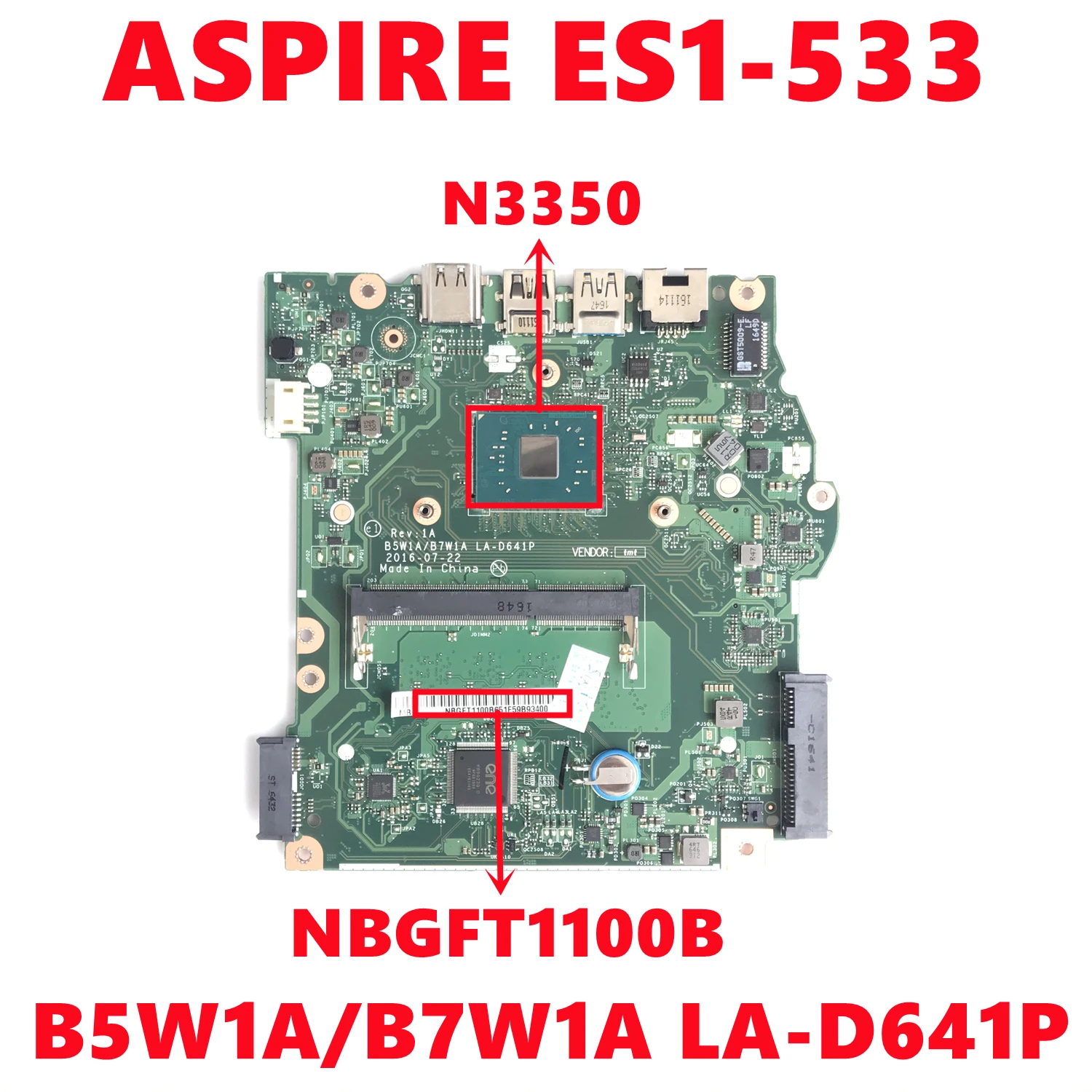 Материнская плата NBGFT1100B NB.GFT11.00B для ноутбука Acer ASPIRE ES1-533 материнская B5W1A/B7W1A LA-D641P с