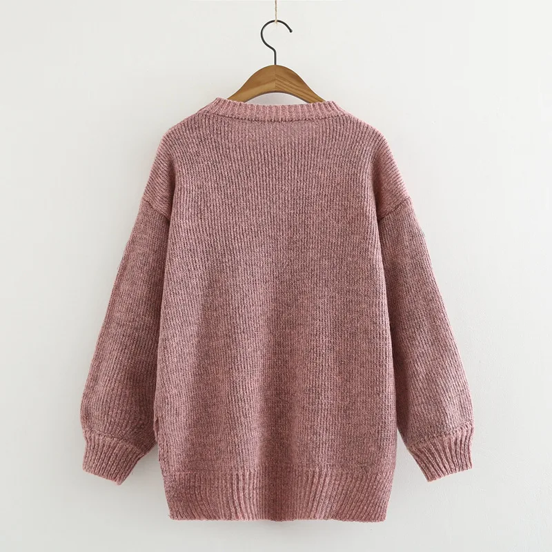 

Japanese Retro Round Neck Long Sleeve Sweater Female Flower Embroidery Split Bottom Knitted Sweater Pullover Women Spring Autumn