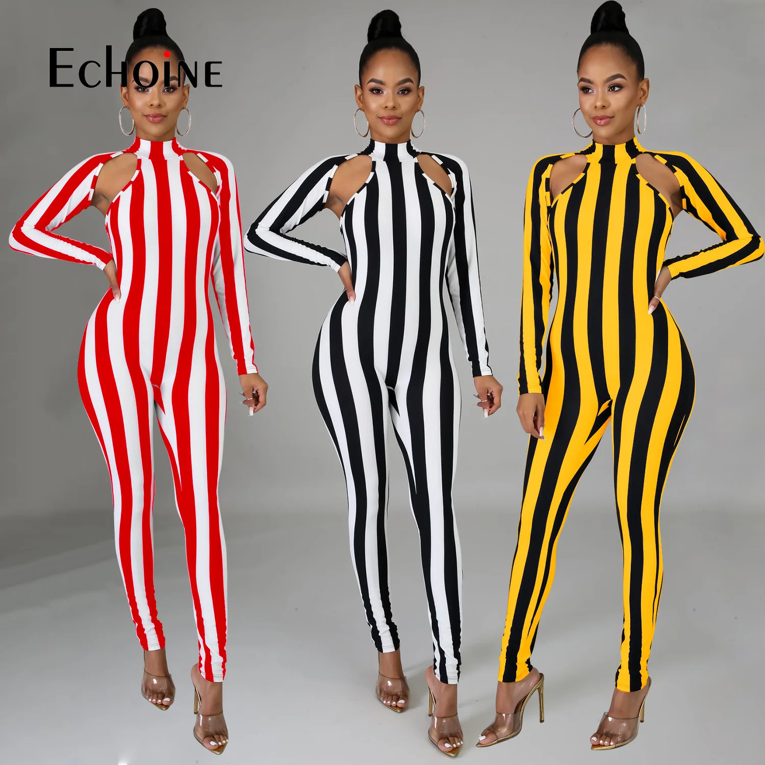 Новый сексуальный Облегающий комбинезон в полоску Женский с круглым вырезом и