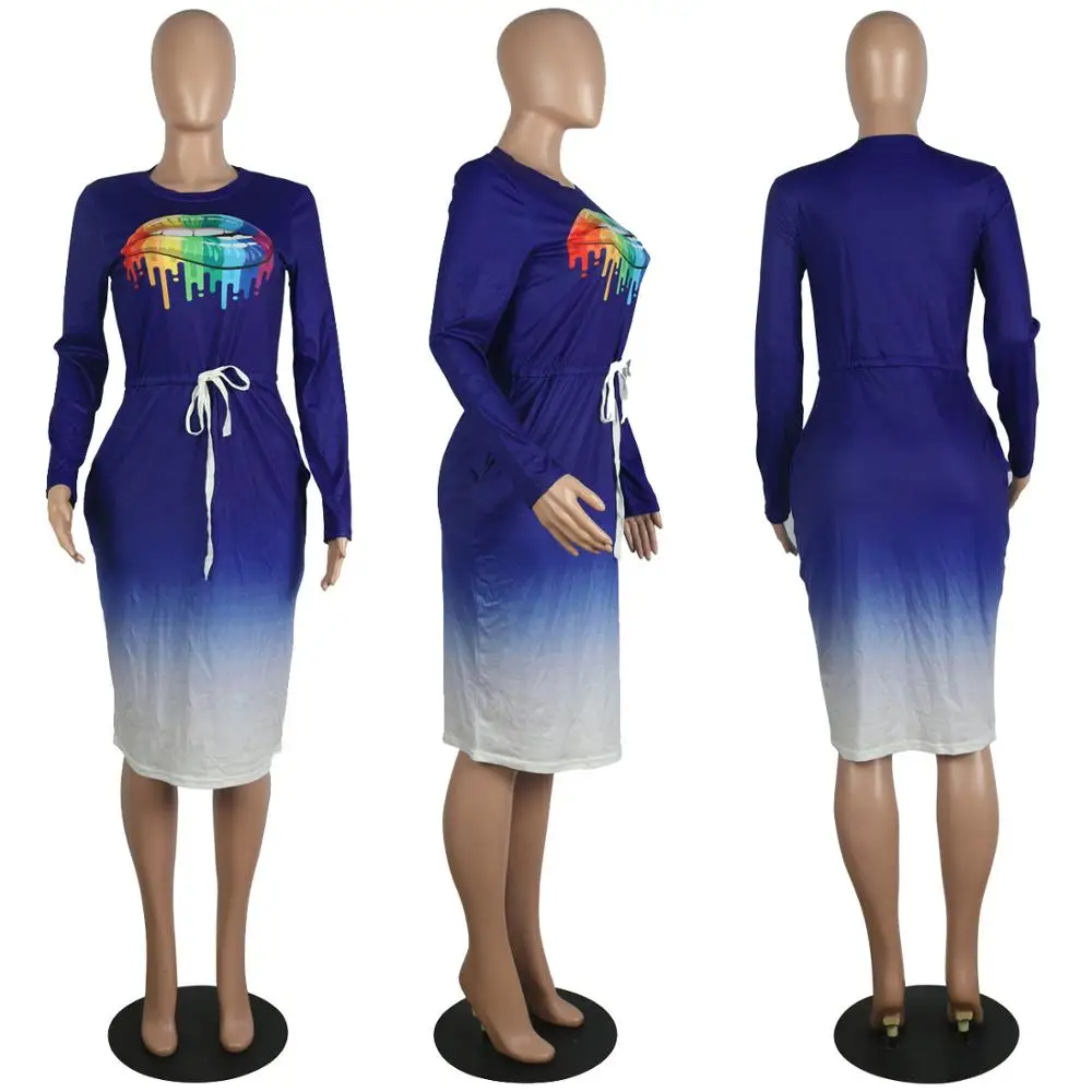 

women fashion 2020 new casual style long dresses long sleeve round collar dresses printed pockets mid long dresses
