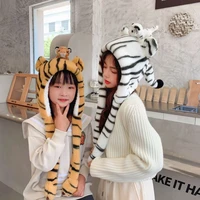 cute tiger winter warm hat parent child imitation rabbit hair thick velvet bomber hat for boy girls cartoon cap with moving tail