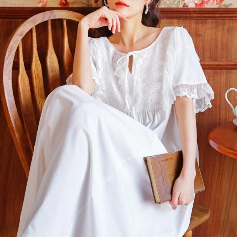 

Victorian Vintage Nightgowns Women Cotton Long Sleepwear Princess White Lace Sleeping Night Dress Peignoirs Ladies Lounge Wear