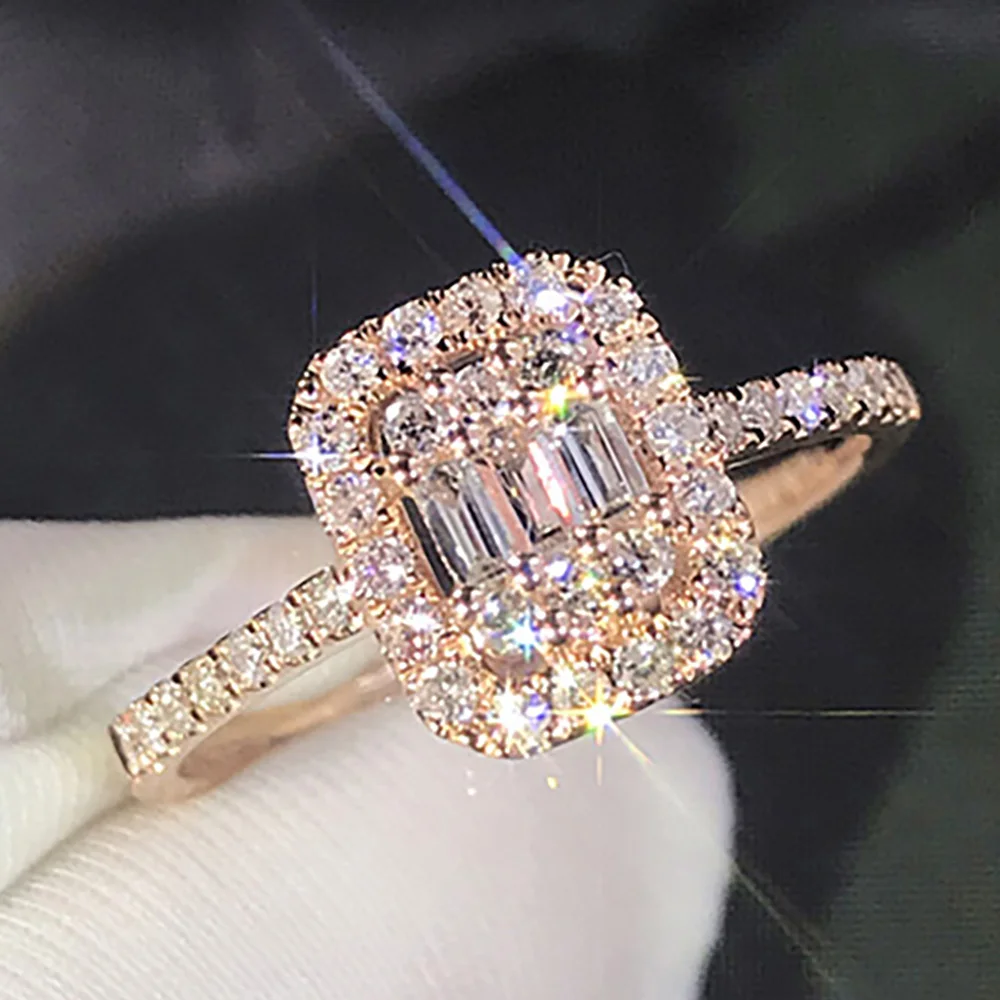 Custom Solid 18K Rose Gold Women Wedding Party Engagement Ring Rectangle Emerald Victorian Moissanite Diamond Romantic